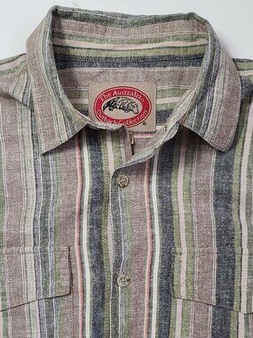 Vtg Australian Outback Collection Hemp Cotton Brown Green Stripe Shirt Sz Large